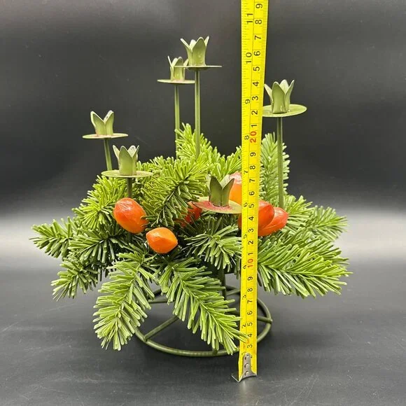 Vintage Christmas Candle Holder Centerpiece Metal Faux Pine Greenery Green 1960s - Picture 9 of 10